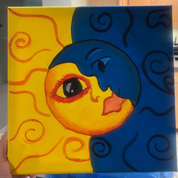Vibrant Sun and Moon Canvas Art in Yellow and Blue - Picture 1 of 1
